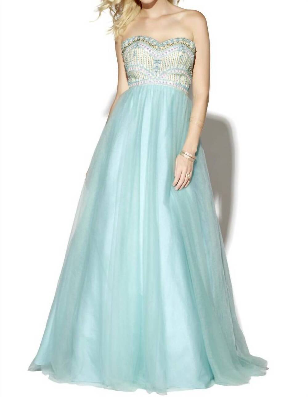 NEW JOSH & JAZZ embellished sweetheart tulle prom dress in aqua/nude